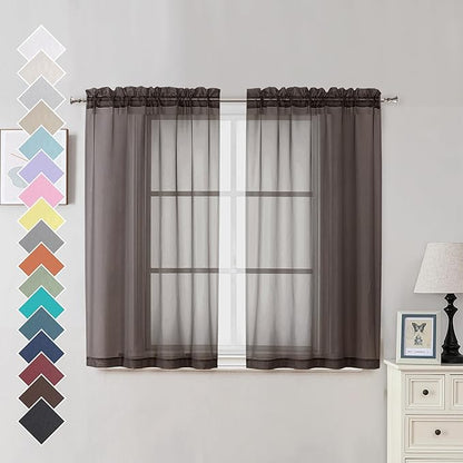 OVZME Chocolate Brown Sheer Curtains 45 Inches Long 2 Panels, Light Filtering Sheer Curtains for Bedroom, Elegant Airy Draperies for Living Room Nursery Room, Dual Rod Pocket, Each 42Wx 45L