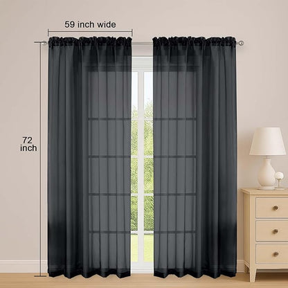 OWENIE Black Sheer Curtains 72 Inches Long 2 Panels Set, Transparent Voile Sheer Curtain for Living Room Bedroom Window Sliding Glass Door Treatment, 59 x 72 Inch, Black