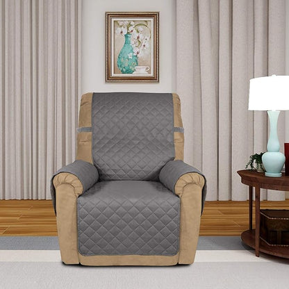 PureFit Reversible Quilted Sofa Cover, Water Resistant Slipcover Furniture Protector, Washable Couch Cover with Non Slip and Elastic Straps for Kids, Dogs, Pets (Small Recliner, Gray/Light Gray)