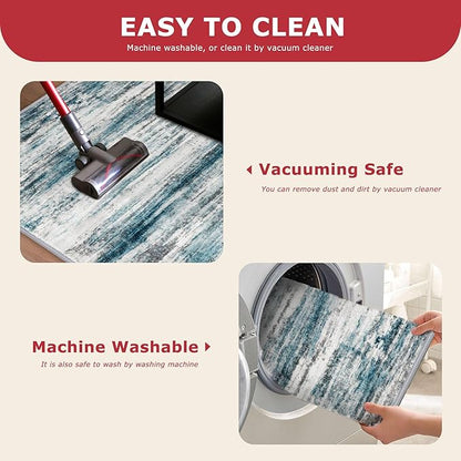 KOZYFLY Washable Area Rug 5x7 Modern Ombre Living Room Thin Rug Non-Slip Soft Striped Rug for Bedroom, Print Blue Abstract Carpet for Laundry Kid Room