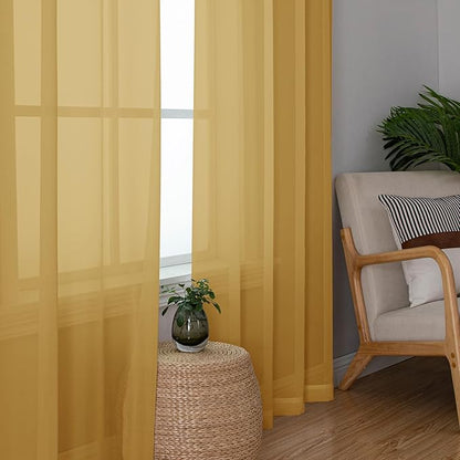 Aiyufeng Gold Sheer Curtains 63 Inch Length 2 Panels Set, Light Filtering Gold Window Curtain Drapes Treatment for Kitchen, Bedroom,Children Room, Dual Rod Pocket, 2 Pack of 42 x 63"
