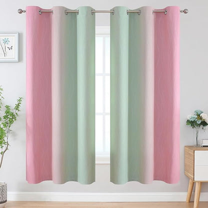 Estelar Textiler Sage Green and Pink Ombre Blackout Curtains 72 Inches Length for Bedroom, Thermal Insulated Light Blocking Grommet Gradient Blackout Drapes for Living Room, 42Wx72L, 2 Panels