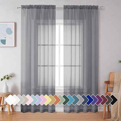 Simplebrand Grey Sheer Curtains 90 Inches Long, Light Filtering Rod Pocket Solid Color Window Sheer Curtain Panels, Elegant Curtains & Drapes for Living Room, Bedroom 2 Panels (Grey, 42" W x 90" L)
