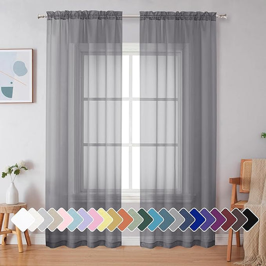 Simplebrand Grey Sheer Curtains 90 Inches Long, Light Filtering Rod Pocket Solid Color Window Sheer Curtain Panels, Elegant Curtains & Drapes for Living Room, Bedroom 2 Panels (Grey, 42" W x 90" L)