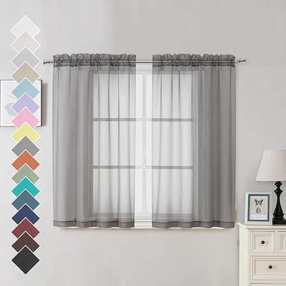 OVZME Voile Sheer Curtains with Decorative Rod Pocket, Modern Airy and Clean Selvedge Window Treatment Panels for Kitchen Room, Each 42" W x 45“L, Set of 2 Panels, Charcoal Grey.