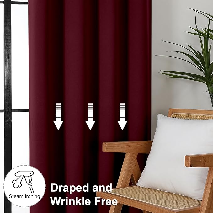 Simplebrand Ava Burgundy Blackout Curtains for Bedroom 96 Inches Long 2 Panels, Solid Thermal Insulated, Energy Saving Nursery Window Treatment Curtains Blackout Drapes, W40 x L96 Inch, Burgundy