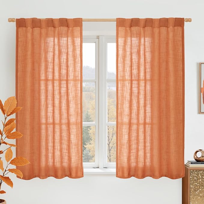 LAMIT Linen Curtains 48 Inch Length 2 Panels, Light Filtering Panels Back Tab and Rod Pocket Country Decor Drapes for Kitchen/Window/Loft Room/Bedroom, 34 x 48 Inch, Burnt Orange