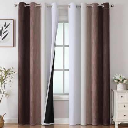 Estelar Textiler Brown and Greyish White Ombre Blackout Curtains 90 Inch Length 2 Panels Set, Thermal Insulated Grommet Drapes for Bedroom,Full Room Darkening Gradient Curtains for Living Room,52Wx90L
