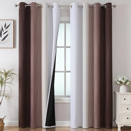 Estelar Textiler Brown and Greyish White Gradient Blackout Curtains for Bedroom, Thermal Insulated Ombre Blackout Drapes, Full Light Blocking Energy Saving Curtains for Living Room,52Wx96L,2 Panels