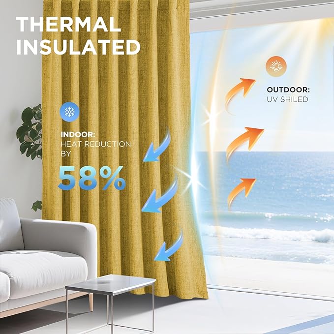 Joydeco Blackout Curtains for Bedroom - 90 Inch Long 100% Light Blocking 2 Panels Set Yellow Drapes, Thermal Insulated Room Darkening Curtains, Linen Textured for Living Room, Rod Pocket & Back Tabs