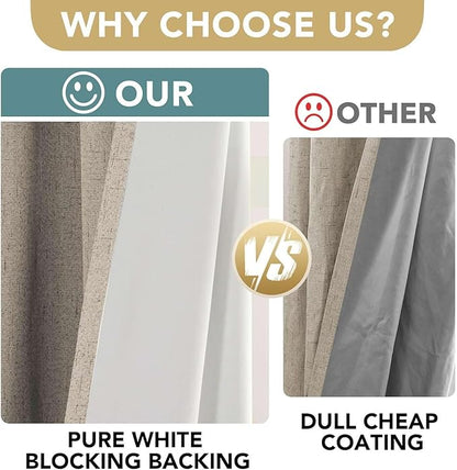 H.VERSAILTEX Linen Curtains 100% Blackout Curtains for Bedroom 90 inch Long Full Light Blocking Nature Linen Blended Window Curtains for Living Room Nickel Grommet (2 Panels, Cobblestone)