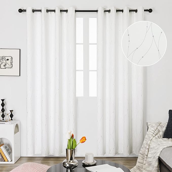 Deconovo Room Darkening Curtains, Pure White Curtain, Thermal Insulated Noise Reduced Drapes, Silver Wave Dots Print, 52 x 108 Inch Long, Machine Washable Window Panels for Patio Door, Set of 2