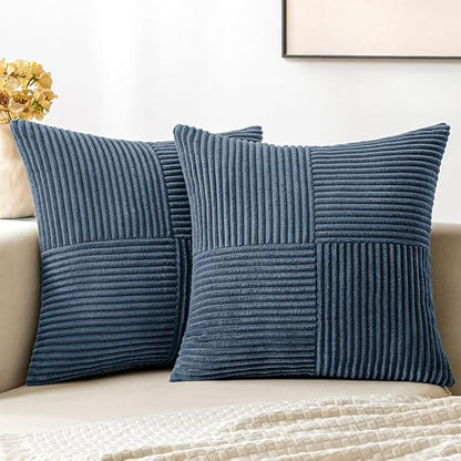 MIULEE Blue Decorative Throw Pillow Covers 16x16 Inch for Couch Bed Sofa Pack of 2 Boho Farmhouse Throw Pillows Soft Cross Corduroy Patchwork Textured Cushion Cases