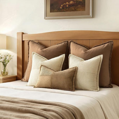 MIULEE Cream Corduroy Decorative Euro Sham Pillow Covers 24x24 Inch with Splicing Set of 2 Soft Boho Pillow Covers Broadside Textured Pillowcases for Couch Bed Livingroom