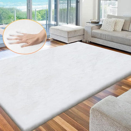ORINOVA White Fluffy Living Room Rugs 6x9 Area Rug Washable Shag Rugs for Bedroom Faux Rabbit Fur Nursery Rug Rectangle Rug