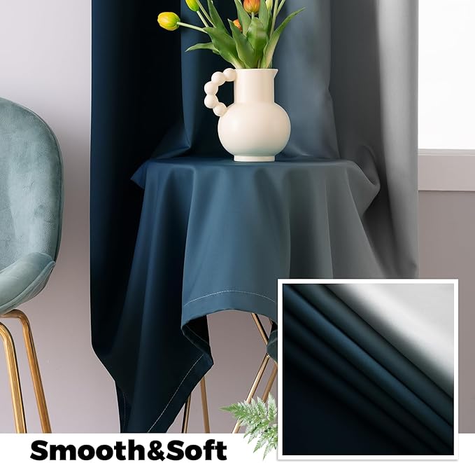 Yakamok 100% Blackout Curtains 63 Inch Length 2 Layers,Navy Blue Curtains for Bedroom Ombre Room Darkening Grommet Gradient Drapes, Light Blocking Thermal Insulated Window Curtains for Living Room