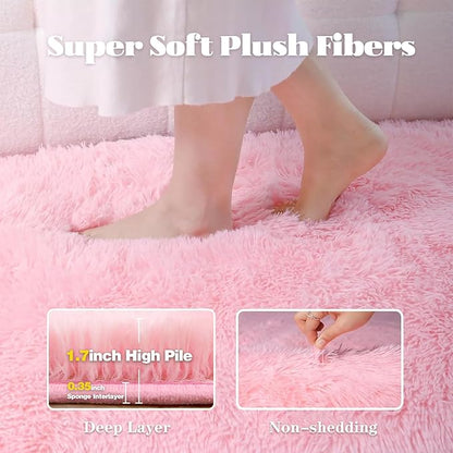 Pink Round Rugs for Bedroom: 4ft Circle Fluffy Shag Soft Washable Rug Small Fuzzy Plush Indoor Carpet for Kids Girls Boys Nursery Dorm Classroom (Pink, 4'x4')