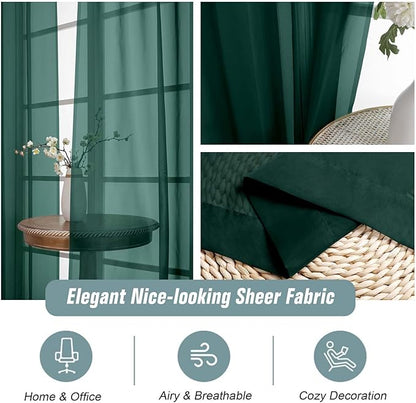 Green Sheer Curtains 90 Inches Long 2 Panels, Light Filtering Solid Sheer Curtains for Christmas, Lightweight Soft Airy Voile Sheer Drapes, Dual Rod Pocket, Hunter Green, 2x42Wx90L Inches