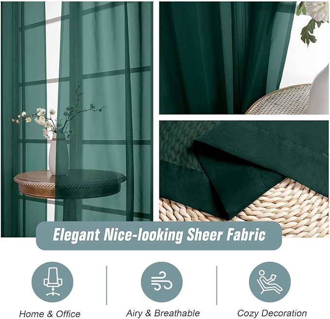 Green Sheer Curtains for Window 96 Inches Long 2 Panels, Soft Airy Voile Sheer Curtains for Living Room Bedroom, Dual Rod Pocket Elegant Window Drapes, Hunter Green, 2x42Wx96L Inches