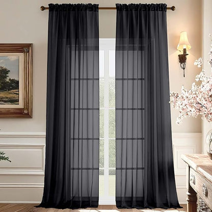 Aiyufeng Sheer Black Curtains 120 Inches Long, Extra Long Rod Pocket Solid Color Window Sheer Curtain Panels, Elegant Curtains & Drapes for Living Room, Bedroom 2 Panels (Black, 59" W x 120" L)