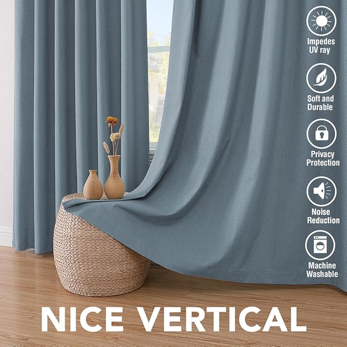 H.VERSAILTEX Linen Blackout Curtains 45 Inches Long 100% Blackout Thermal Insulated Textured Linen Look Curtain Draperies Anti-Rust Grommet, Energy Saving with White Liner, 2 Panels, Stone Blue