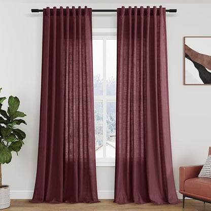 Nanspring Burgundy Linen 144 Inch Curtains for Living Room Light Filtering Semi Sheer Curtain Back Tab Vintage Boho Decor Elegant Drapes Floor to Ceiling High Window for Bedroom 52x144, 2 Panels