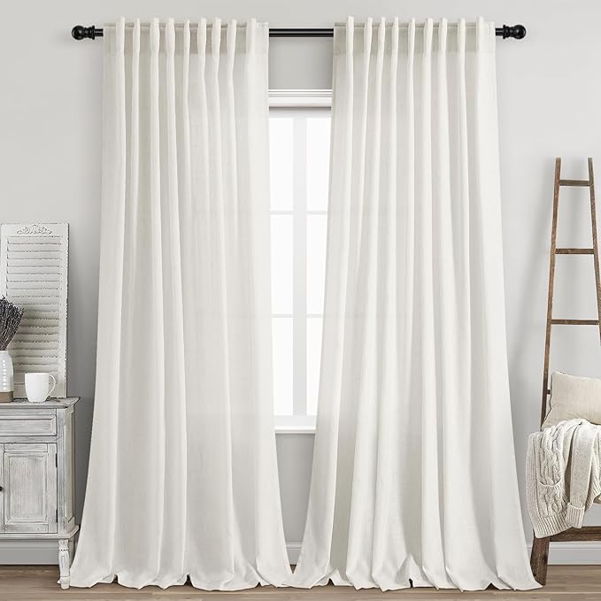 Nanspring Beige White Curtains Linen for Living Room 90 Inches Long Back Tab and Rod Pocket Semi Sheer Privacy Curtains Coastal Room Decor Curtain for Bedroom Dinner Room 70x90, 2 Panel