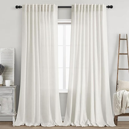 Nanspring Beige White Curtains Linen for Living Room 90 Inches Long Back Tab and Rod Pocket Semi Sheer Privacy Curtains Coastal Room Decor Curtain for Bedroom Dinner Room 70x90, 2 Panel