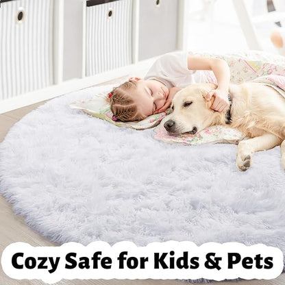 Amdrebio White Fluffy Round Rug 4Ft for Bedroom Aesthetic, Fuzzy Fur Circle Area Rugs for Living Room, Soft Plush Shaggy Shag Carpet for Nursery Dorm, Cute Kids Room Decor for Baby Toddler Teen Girls