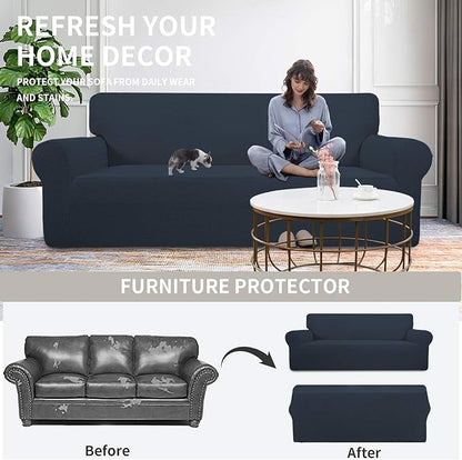 Easy-Going Stretch Oversized Loveseat Slipcover 1-Piece Sofa Cover Furniture Protector Couch Soft with Elastic Bottom for Kids Polyester Spandex Jacquard Fabric Small Checks Dark Blue