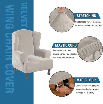 H.VERSAILTEX Wingback Chair Covers Velvet Plush Wing Chair Slipcover 1 Piece High Stretch Wing Back Chair Slipcovers Sofa Cover Furniture Cover with Elastic Bottom, Oatmeal
