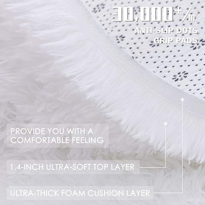 OLANLY White Round Rugs for Bedroom - Machine Washable, 4 ft Circle Area Rugs for Living Room, Soft and Fluffy Shaggy Carpet for Teen Girls and Boys, Nursery Rooms, Dorms, Home Decor Aesthetic