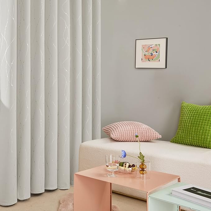 Deconovo Beige Blackout Curtains, Room Darkening Curtain, Thermal Insulated Soundproof Drapes, Silver Wave Dots Print, 38 x 63 Inch, Machine Washable Window Panels for Living Room Bedroom, Set of 2