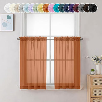 Chyhomenyc Orange Sheer Curtains 36 inch Length 2 Panels, Light Filtering Voile Rod Pocket Short Window Curtians for Bathroom Living Room Farmhouse Small Windows, 42Wx36L inches
