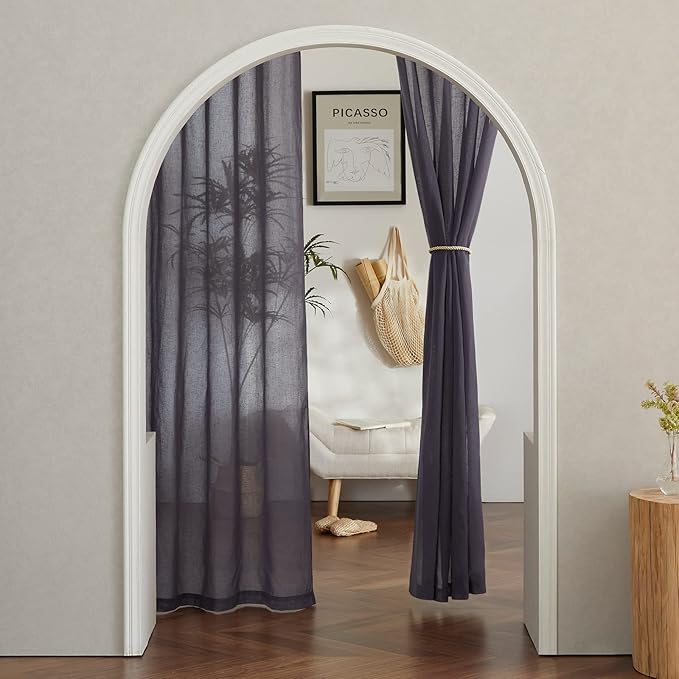 NICETOWN Flax Linen Sheer Curtains for Living Room, Grommet Vertical Semi Sheer Curtains Privacy Drapes with Light Filter for Villa/Cottage, W52 x L84, Purple Brown, 1 Pair