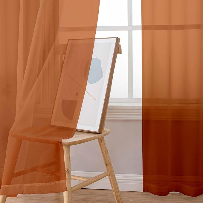 OWENIE Sheer Curtains 54 inches Long for Living Room Bedroom, Rod Pocket Light Filtering Voile Sheers Panels Drapes Small Window Treatments 2 Panels, 42" W x 54" L, Orange