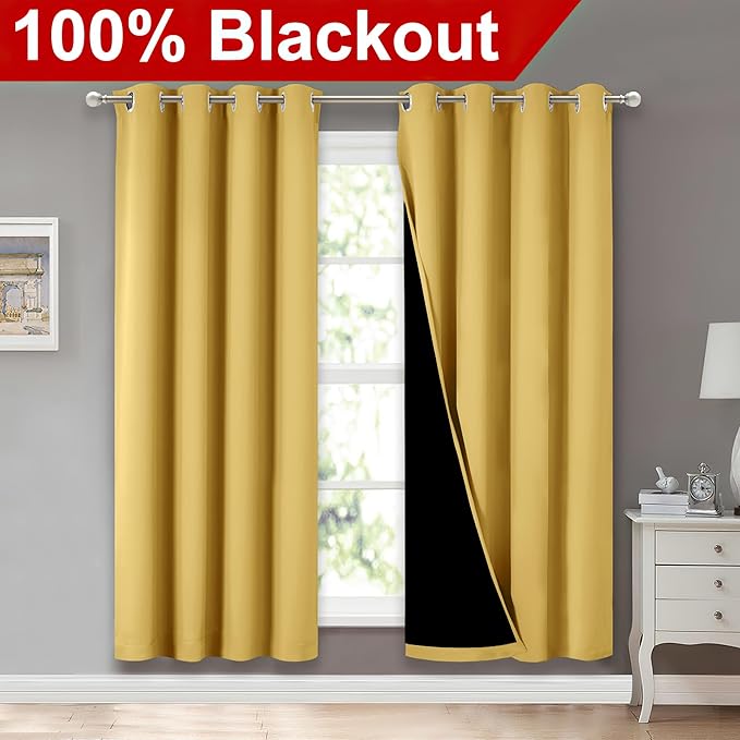 NICETOWN Bright Yellow Full Shade Curtain Panels, Pair of Energy Smart & Noise Blocking Out Blackout Drapes for Dining Room Window, Thermal Insulated Guest Room Lined Window Dressing, 52 x 72 inch