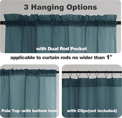 Chyhomenyc Stone Blue Sheer Valances for Windows - Light Filtering Small Kitchen Curtains, Rod Pocket Short Top Window Treatment Decor for Living Room Bathroom Basement, 42Wx16L inches, 2 Panels