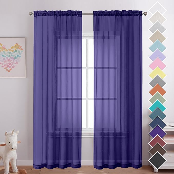 OVZME 2 Pieces Sheer Curtains 96 Length Window Treatments, Voile Drapes Light Airy Window Decor for Patio Door Living Room Bedroom, Each W42 X L96 inches, Purple