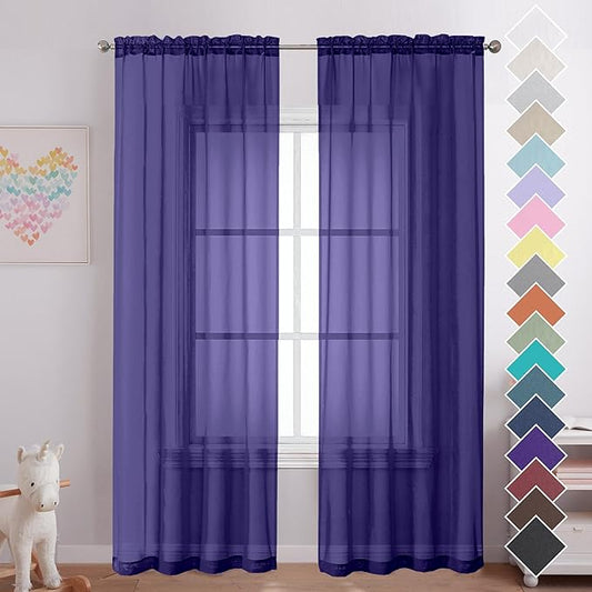 OVZME 2 Pieces Sheer Curtains 96 Length Window Treatments, Voile Drapes Light Airy Window Decor for Patio Door Living Room Bedroom, Each W42 X L96 inches, Purple