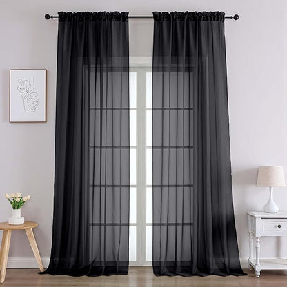 Chyhomenyc Black Sheer Curtains 96 Inches Long 2 Panels, Light Filtering Black Curtains for Living Room, Soft Gentle Voile Rod Pocket Bedroom Window Drapes, 59Wx96L Inch, 2PCS
