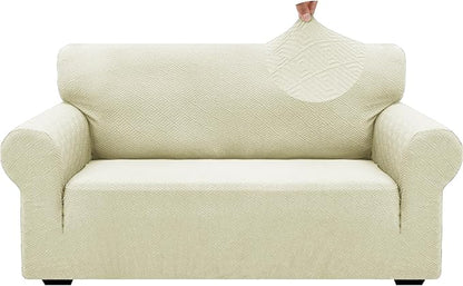 ZNSAYOTX 1 Piece Jacquard Couch Covers for 2 Cushion Couch High Stretch Loveseat Slipcover for Pets Dogs Anti Slip Love Seat Sofa Slipcover Furniture Protector (Medium,New Pattern Light Beige)