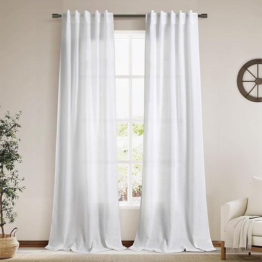 White Linen Curtains 90 Inches Long for Living Room Back Tab Rod Pocket Semi Sheer Light Filtering Neutral Solid Drapes Modern Rustic Farmhouse Decor Curtains for Dining Room 2 Panels Set 40x90