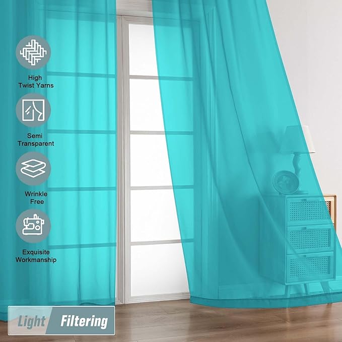 Turquoise Sheer Curtains for Window 96 Inches Long 2 Panels, Soft Airy Light Filtering Voile Sheer Curtains for Living Room Bedroom, Dual Rod Pocket Elegant Window Drapes, 2x42Wx96L Inches