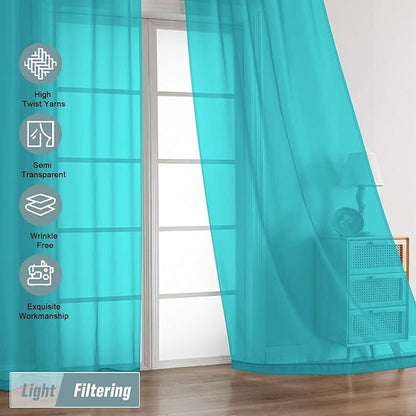 Turquoise Sheer Curtains 63 Inch Length 2 Panels, Voile Sheer Curtain for Living Room, Breathable Light Filtering Modern Window Treatments, Soft Fabric Dual Rod Pocket Drapes, 2x42Wx63L Inches