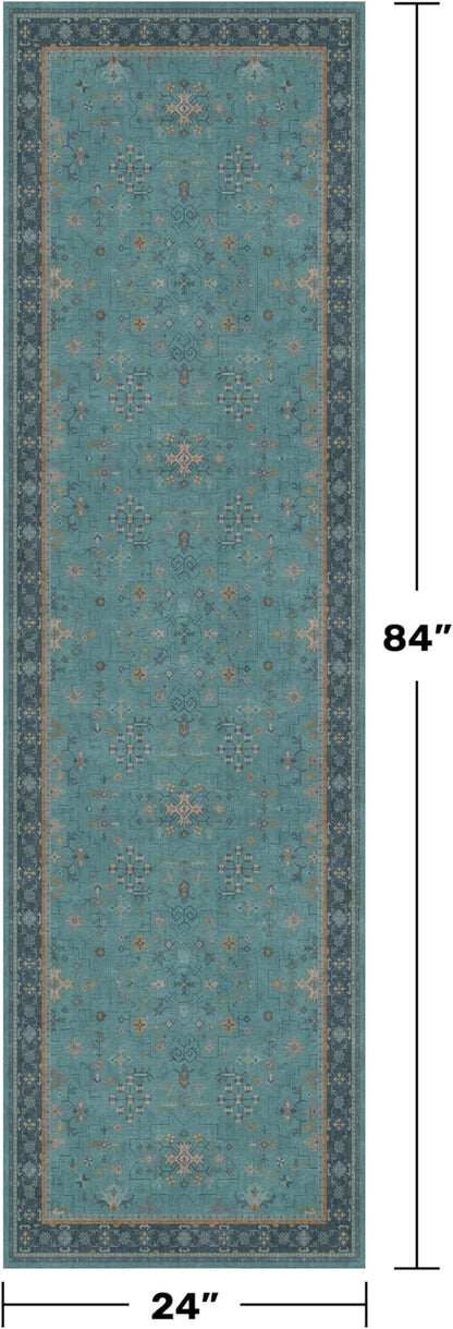 Hazo Haus Boho 2x7 Long Non Slip Kitchen Rug Runner - Teal Washable Rug for Bathroom, Hallway, Door Mats Indoor Entrance,Non Slip with Rubber Backing, Vintage Floral Indoor Décor