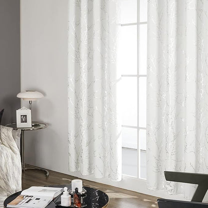 Deconovo Room Darkening Curtains, White Curtain, Thermal Insulated & Noise Reducing Drapes, Silver Branch Pattern, 52 x 95 Inch Long, Grommet Panels for Bedroom Living Room Office Nursery, Set of 2