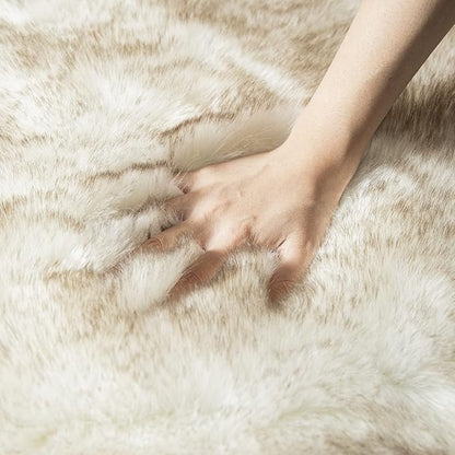 Ashler HOME DECO Soft Fox Faux Fur Chair Couch Cover Area Rug for Bedroom Floor Sofa Living Room White Brown 3 x 3 Feet Round