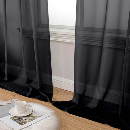 Extra Long Black Sheer Curtains for Bedroom Living Room 120 Inches Long 2 Panels Set, Solid Soft Light Filtering Rod Pocket Sheer Window Curtains, Black, Each 59" Wx120 L Inch
