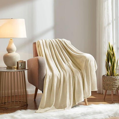 KMUSET Super Soft Throw Blanket Premium Silky Flannel Fleece Twin Size Beige Microfiber Lightweight Blanket All Season Use